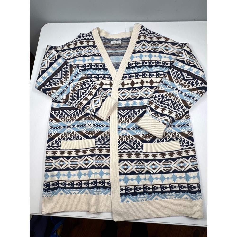Lucky Brand Womens Blue Southwestern Fair‎ Isle Open Front Cardigan Sweater L